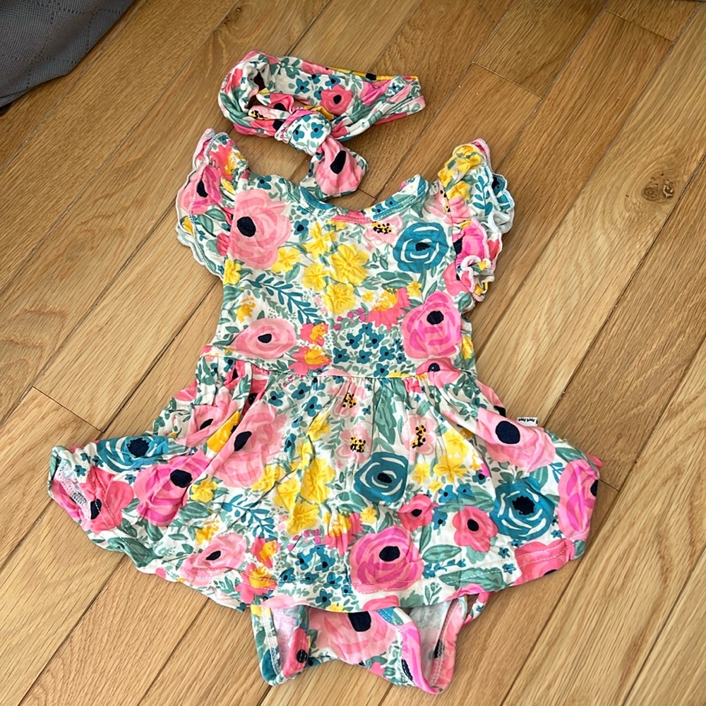 Little Sleepies Secret Garden Twirl Dress With Bodysuit 0-3M with Headband